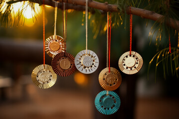 Handmade Christmas ornaments from recycled materials in festive setting 