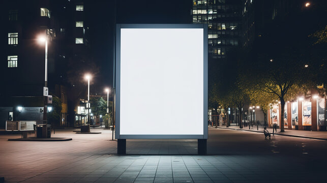 Blank billboard digital sign poster mockup on urban street at night for advertising.