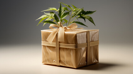 Gift wrapped in biodegradable material isolated on a gradient background 