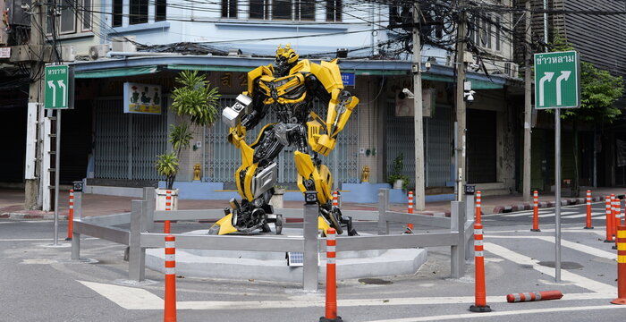  Large-scale fictional character Transformers Bumblebee promotes road safety at an intersection in Samphathawong district on October 13, 2023 in Thai capital Bangkok