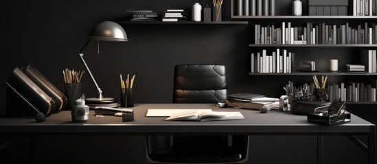 Black office desk with computer, supplies and other objects