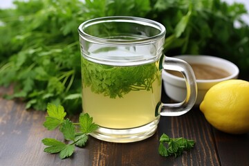 lemon balm tea in a glass mug, fresh herbs nearby