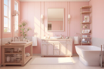 Fototapeta na wymiar A Spacious Modern Beige Bathroom. Minimalist Design