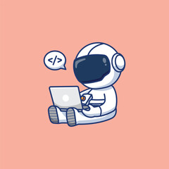Astronaut working on a laptop. Vector flat cartoon character illustration