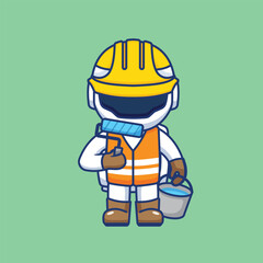 Astronaut as a construction worker in helmet and safety vest holding paint bucket. Vector flat cartoon character illustration