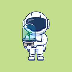 Astronaut holding a sample plant for research use. Vector flat cartoon character illustration