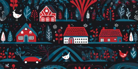 Rolgordijnen Seamless pattern with trees flowers, plants, country houses on a black background. illustration for design card, invitation, wallpaper, wrapping paper © Eli Berr