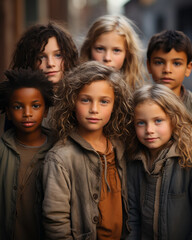 Obraz premium Portrait of Group of Children in Outdoor Blurred Background. Close-up of Diversity of Three Boys and Girls from Different Cultures at Midday. Lessons in Love and Faces of Kindness and Compassion. 