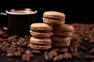 coffee flavored macarons on a bed of coffee beans