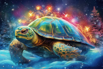 magical turtle in the snow at night, glowing lights, beautiful art, happy new year