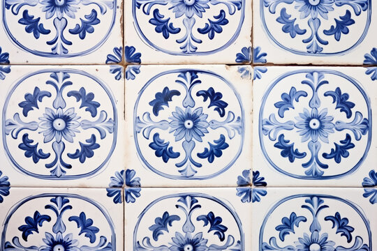 Classic white blue mosaic ceramic tile pattern azulejo vintage tiles background