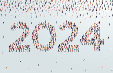 Year 2024 or twenty twenty four. Large group of people form to create 2024. people font or number. vector illustration.