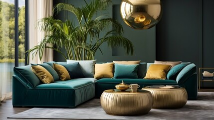 Luxury living room with modern design, green velvet sofa