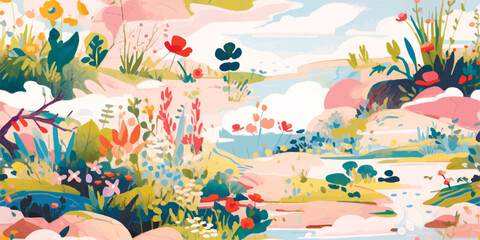 Seamless pattern with landscape, flowers, plants, mountains, lake, pastel tones. Boho wall decor. Modern minimalist art print. Aesthetic background