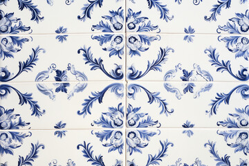 Classic white blue mosaic ceramic tile pattern azulejo vintage tiles background - obrazy, fototapety, plakaty