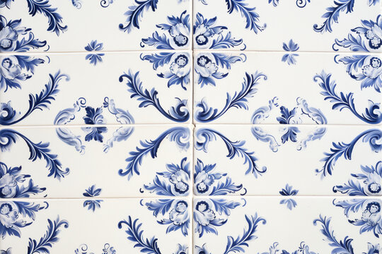 Classic white blue mosaic ceramic tile pattern azulejo vintage tiles background