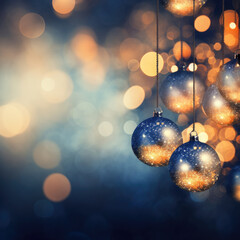 Fototapeta premium Christmas background with snowflakes and christmas balls in blue and gold tones