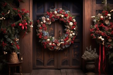 Fototapeta na wymiar elaborate christmas wreath hanging on a wooden door