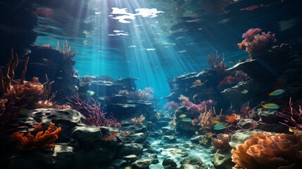 Photo of the underwater world, sun refraction and high visibility,