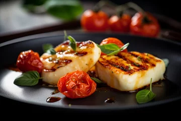 Foto op Plexiglas Close up of grilled halloumi cheese with tomatoes, created with Generative AI technology. © Halfpoint