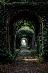 Obraz premium A way to freedom. Dirt road in green meadow in open door of ancient house. Photo toned in brown color. Generative AI