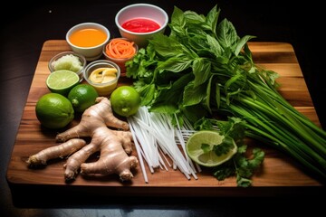 ingredients for pho preparation arrayed on a wooden chopping board - obrazy, fototapety, plakaty