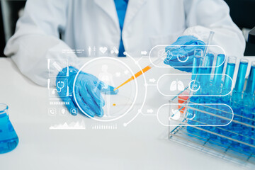 DNA molecule testing concepts. The doctor in a mask examines DNA molecules on the chemical...