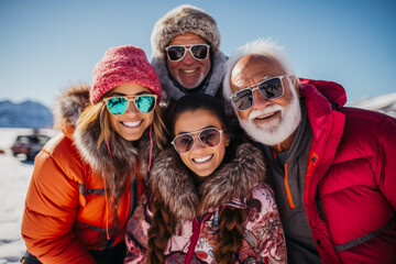 Multigenerational family wearing vintage and modern ice fishing attire showcasing evolution 