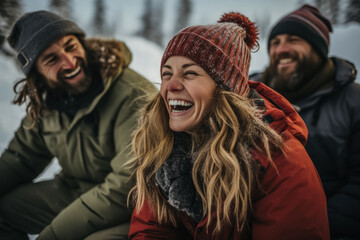 Group of friends sharing laughter and stories during an ice fishing trip  - obrazy, fototapety, plakaty