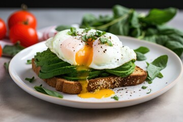 avocado toast topped with poached eggs and fresh basil