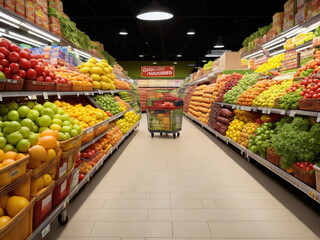 Obraz premium Supermarket, Grocery store aisle, with a shopping cart, fresh produce and packaged goods on display, fresh fruits, vegetables