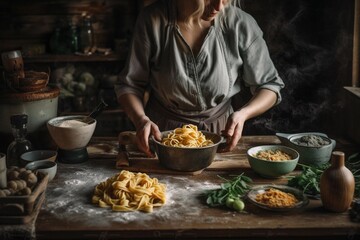 A woman is hand-making pasta in the kitchen. Created with Generative AI technology.