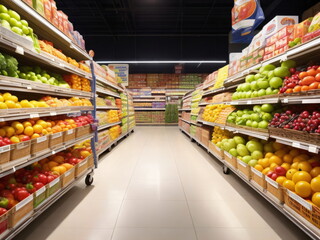 Supermarket, Grocery store aisle, with a shopping cart, fresh produce and packaged goods on...
