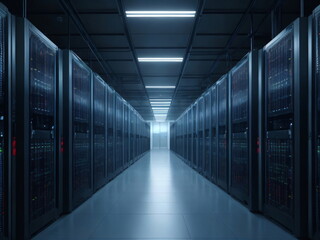 Image of Corridor in Working Data Center Full of Rack Servers and Supercomputers with Internet connection Visualisation Projection