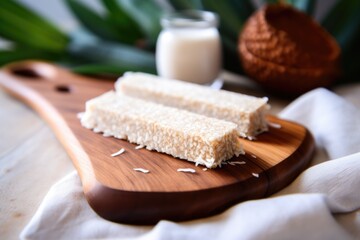 coconut coated protein bar lying on a bamboo mat