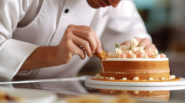Master chef  arranging cake on plate