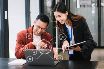 Business team partnership meeting concept. Business hand using laptop, tablet and smartphone  at...