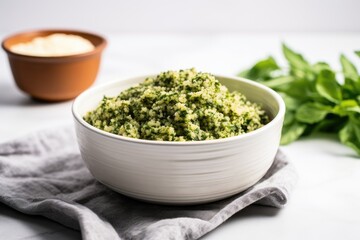 bowl of quinoa and finely chopped greens on a marble surface