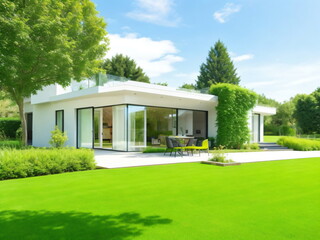 Modern house with garden in front on a sunny day, with green lawn and trees, minimalist house design, 3d house exterior