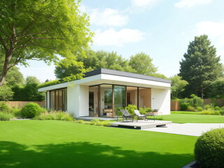 Fototapeta na wymiar Modern house with garden in front on a sunny day, with green lawn and trees, minimalist house design, 3d house exterior