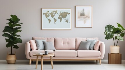 Stylish Scandinavian living room with mint sofa, map
