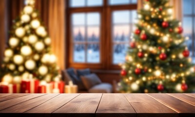 Fototapeta na wymiar Empty woooden table top with abstract warm living room decor with christmas tree string light blur background with snow,Holiday backdrop,Mock up banner for display of advertise, Generative AI