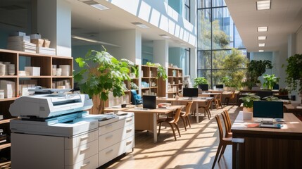 Fototapeta premium A photocopying area of a bright, spacious, modern office