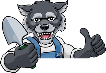 A wolf gardener cartoon gardening animal mascot holding a garden spade tool peeking round a sign and giving a thumbs up