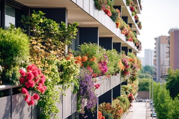 Fototapeta na wymiar Skyscrapers with flowers and vegetation along balconies.
