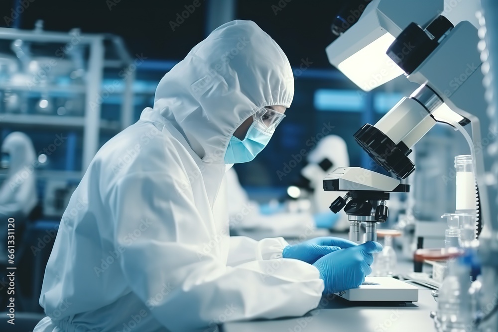 Poster A team of biochemists working with a microscope