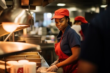 Minimum Wage Employee Works in a Fast Food Kitchen - obrazy, fototapety, plakaty