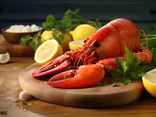 a lobster and lemon sit on a wooden board