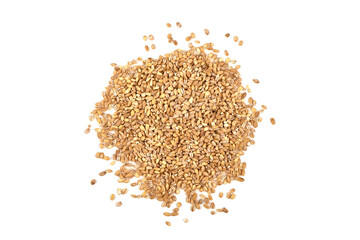 Pearl barley in rustic burlap, isolated on white background.