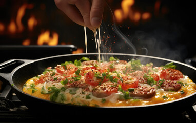 A chef sprinkling spices on a skillet of tomatoes and eggs